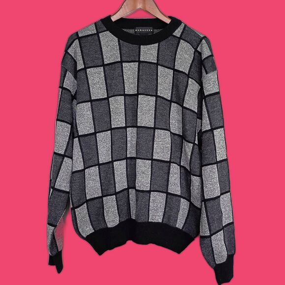 Vtg Baracuta Graphic Sweater Merino Wool Men's XL Gray Checker Cosby Biggie 90s - Picture 1 of 5